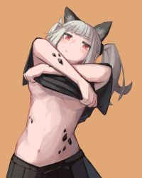 Rule 34 | 1girl, animal ears, arknights, black skirt, breasts, clothes lift, frostleaf (arknights), grey hair, lifted by self, material growth, midriff, no bra, oripathy lesion (arknights), red eyes, shirt lift, skirt, togekk0, twintails, underboob, undressing