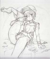 Rule 34 | 1girl, barefoot, buttons, cameltoe, condom, cum, double-breasted, feet, female focus, hat, highres, hutamaru, jacket, kino (kino no tabi), kino no tabi, leg lift, looking at viewer, money, monochrome, on bed, pants, prostitution, reverse trap, short hair, sitting, sketch, solo, toes, traditional media, watch, wristwatch
