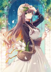 Rule 34 | 1girl, black shirt, blouse, blush, breasts, brown hair, crying, crying with eyes open, door, dress, ear piercing, falling petals, flower, frown, green eyes, hair between eyes, hair blowing, hand up, highres, holding, holding flower, jewelry, large breasts, leaf, long dress, long hair, long skirt, long sleeves, looking at viewer, looking to the side, medium breasts, necklace, original, oshio (dayo), petals, piercing, shirt, signature, skirt, teardrop, tears, very long hair, white dress, white skirt