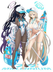 Rule 34 | 2girls, absurdly long hair, asuna (blue archive), b-pang, bare legs, bare shoulders, baseball cap, between breasts, bikini, black hair, blue archive, blue eyes, blush, breasts, cleavage, closed mouth, dark-skinned female, dark skin, full body, gradient hair, grin, hair between eyes, halo, hand on own thigh, hat, highres, huge breasts, jacket, karin (blue archive), leaning forward, light brown hair, long hair, looking at viewer, mole, mole on breast, multicolored hair, multiple girls, off shoulder, one-piece swimsuit, open clothes, open jacket, purple hair, sideboob, smile, standing, swimsuit, thigh strap, toenails, very long hair, white bikini, white jacket, white one-piece swimsuit, yellow eyes