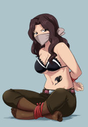Rule 34 | 1girl, arms behind back, bdsm, belly, bondage, bound, bound ankles, bound wrists, bra, breasts, brown eyes, brown hair, cana alberona, cleavage, cloth gag, collarbone, fairy tail, gag, gagged, highres, improvised gag, long hair, lost one zero, midriff, navel, over the nose gag, rope, tattoo, underwear
