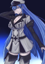 Rule 34 | 10s, 1girl, akame ga kill!, blue eyes, blue hair, boots, breasts, choker, cleavage, collarbone, esdeath, female focus, gradient background, hat, heikichi, large breasts, long hair, matching hair/eyes, military, military uniform, peaked cap, smile, solo, thigh boots, thighhighs, uniform, very long hair, white footwear, white thighhighs, zettai ryouiki