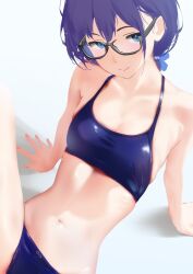 Rule 34 | 1girl, a-chan (hololive), arm support, armpit crease, bare arms, bare shoulders, black-framed eyewear, blue eyes, blue panties, breasts, cleavage, closed mouth, cohi27151463, collarbone, cropped, glasses, hair between eyes, hashtag-only commentary, hololive, looking at viewer, navel, paid reward available, panties, semi-rimless eyewear, short hair, short ponytail, simple background, sitting, small breasts, smile, solo, stomach, underwear, virtual youtuber, white background