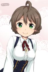 Rule 34 | 10s, 1girl, ahoge, braid, center frills, clothes pin, collar, commentary request, dress shirt, frilled collar, frilled shirt collar, frills, gradient background, green eyes, highres, idolmaster, idolmaster million live!, light brown hair, looking at viewer, magokorokurage, meme attire, neck ribbon, red ribbon, ribbon, sakuramori kaori, shirt, short hair, smile, solo, suspenders, twin braids, two-tone background, upper body, virgin killer outfit