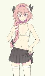 Rule 34 | 1boy, androgynous, astolfo (fate), bra, braid, choker, crossdressing, fang, fate/apocrypha, fate/grand order, fate (series), hair ribbon, highres, male focus, open clothes, open skirt, pas (paxiti), pink hair, pleated skirt, purple eyes, ribbon, single braid, skirt, smile, thighhighs, trap, underwear, white bra, white thighhighs