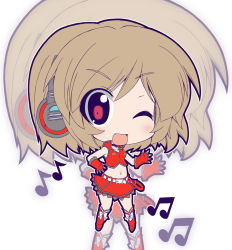 Rule 34 | 1girl, belt, big head, boots, brown eyes, brown hair, chibi, crazy developers, fang, female focus, fingerless gloves, gloves, headphones, headset, meiko (vocaloid), midriff, musical note, navel, one eye closed, red eyes, sakine meiko, short hair, skirt, smile, solo, vocaloid, white background, wink