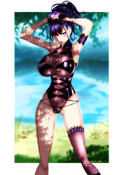 Rule 34 | 1girl, absurdres, armlet, armpits, arms up, artist request, bare shoulders, black gloves, black one-piece swimsuit, blurry, blurry background, blush, breasts, covered navel, fate/grand order, fate (series), fingerless gloves, flower, gloves, gold trim, hair flower, hair ornament, hair up, half gloves, highleg, highleg swimsuit, highres, lake, large breasts, long hair, looking at viewer, mouth hold, murasaki shikibu (fate), murasaki shikibu (swimsuit rider) (fate), murasaki shikibu (swimsuit rider) (first ascension) (fate), one-piece swimsuit, purple eyes, purple hair, shade, single thighhigh, swimsuit, thighhighs, thighs, tree, tying hair
