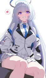 Rule 34 | 1girl, absurdres, blue archive, blue necktie, blush, breasts, collared shirt, grey hair, grin, highres, jacket, large breasts, long hair, long sleeves, necktie, ni tamago sando, noa (blue archive), pleated skirt, purple eyes, shirt, simple background, skirt, smile, solo, white background, white jacket, white shirt, white skirt