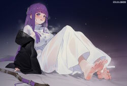 Rule 34 | 1girl, absurdres, barefoot, black jacket, blush, breasts, feet, fern (sousou no frieren), highres, jacket, knees up, large breasts, long hair, long skirt, long sleeves, off shoulder, open clothes, open jacket, parted lips, prisoners book (artist), purple eyes, purple hair, shirt, skirt, smell, soles, solo, sousou no frieren, spread toes, staff, steaming body, sweat, toenails, toes, very long hair, white shirt, white skirt