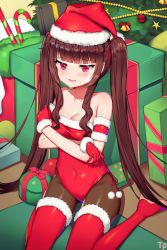 Rule 34 | 1girl, absurdres, armband, armpit crease, artist name, bad id, bad pixiv id, bare shoulders, bauble, beads, bell, blunt bangs, blurry, blush, boots, breasts, brown hair, brown thighhighs, candy, candy cane, character request, christmas, christmas ornaments, christmas tree, cleavage, collarbone, covered navel, embarrassed, fang, food, fur-trimmed boots, fur trim, gift, gloves, groin, hair ribbon, hat, highres, jitome, leotard, lily bloomerchen, long hair, medium breasts, pantyhose, parted lips, pom pom (clothes), red eyes, red footwear, red gloves, red hat, red leotard, red ribbon, ribbon, santa costume, santa hat, sidelocks, sitting, solo, soulworker, taut clothes, thigh boots, thighhighs, topu, twintails, very long hair, wariza, wavy hair