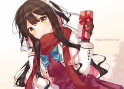 Rule 34 | 1girl, black hair, blush, bow, bowtie, box, brown gloves, gift, gift box, gloves, happy valentine, hiiragi souren, holding, holding gift, kantai collection, long hair, long sleeves, looking at viewer, multicolored hair, naganami (kancolle), pink hair, red scarf, scarf, school uniform, smile, two-tone hair, valentine, yellow eyes