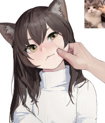 Rule 34 | 1girl, :&lt;, animal ear fluff, animal ears, brown hair, cat, cat ears, cheek pinching, derivative work, dongho kang, head tilt, highres, long hair, looking at viewer, original, photo-referenced, photo inset, pinching, real life, ribbed sweater, simple background, solo focus, sweater, turtleneck, turtleneck sweater, white background, yellow eyes