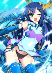 Rule 34 | 1girl, ;d, blue thighhighs, china dress, chinese clothes, dragon girl, dragon horns, dragon tail, dress, elbow gloves, fins, gin (shioyude), gloves, green eyes, head fins, horns, karin (p&amp;d), long hair, monster girl, one eye closed, open mouth, puzzle &amp; dragons, smile, tail, thighhighs, wink