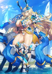 Rule 34 | 1girl, armor, armored boots, barghest (fate), barghest (swimsuit archer) (fate), beach, bikini, blonde hair, blue sky, boots, breasts, building, cannon, cleavage, eyeshadow, fate/grand order, fate (series), fingerless gloves, flaming horns, floating hair, full body, gauntlets, gloves, green eyes, hand on weapon, heterochromia, highleg, horns, huge breasts, large weapon, long hair, looking at viewer, makeup, mecha musume, melon22, muscular, muscular female, muscular legs, official art, one leg raised, outdoors, red eyes, shoulder armor, shoulder pads, sidelocks, sky, skyscraper, solo, standing, swimsuit, thick thighs, thighs, thong bikini, very long hair, water