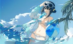 Rule 34 | arknights, ball, beachball, bikini, black eyes, black hair, blue jacket, blue sky, breasts, cowboy shot, day, goggles, goggles on head, hair between eyes, highres, jacket, la pluma (arknights), la pluma (summer flowers) (arknights), looking at viewer, medium breasts, navel, off shoulder, open clothes, open jacket, pe902, short hair, sidelocks, single bare shoulder, sky, standing, stomach, swimsuit, wading, water, white bikini