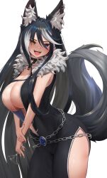 Rule 34 | 1girl, :d, animal ear fluff, animal ears, bare shoulders, belt, black dress, black hair, blue eyes, blush, braco, breasts, chain, cleavage, collar, commission, cowboy shot, cup, dress, drinking glass, fox ears, fox girl, fox tail, fur collar, heterochromia, highres, holding, holding cup, large breasts, looking at viewer, multicolored hair, multiple tails, open mouth, original, pelvic curtain, simple background, sleeveless, sleeveless dress, smile, solo, streaked hair, tail, teeth, two-tone hair, two tails, upper teeth only, white background, white hair, yellow eyes