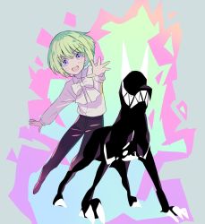 Rule 34 | black pants, child, dog, dress shirt, fire, green hair, highres, horns, lio fotia, male focus, open mouth, outstretched hand, pants, promare, purple eyes, pyrokinesis, ribbon, rice (rice8p), sharp teeth, shirt, short hair, smile, teeth, aged down