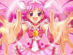 Rule 34 | 10s, 1girl, :d, bad id, bad pixiv id, bow, choker, cure happy, earrings, eyelashes, foreshortening, heart, hoshizora miyuki, hunakosi, jewelry, long hair, magical girl, open mouth, pink bow, pink eyes, pink hair, pink skirt, pink theme, precure, skirt, smile, smile precure!, solo, tiara