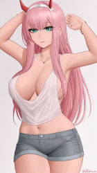 Rule 34 | 1girl, absurdres, bare shoulders, blush, breasts, cleavage, collarbone, darling in the franxx, green eyes, hairband, highres, horns, large breasts, long hair, looking at viewer, navel, pink hair, red horns, short shorts, shorts, solo, thighs, white hairband, zaphn, zero two (darling in the franxx)