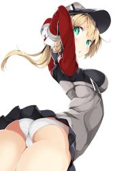 Rule 34 | 10s, 1girl, :o, absurdres, adjusting hair, aqua eyes, arched back, ass, black skirt, blonde hair, blush, cameltoe, gloves, hat, highres, impossible clothes, kadokawa shoten, kantai collection, long hair, long sleeves, mafu9, microskirt, military, military uniform, open mouth, panties, peaked cap, pleated skirt, prinz eugen (kancolle), simple background, skirt, solo, trefoil, twintails, tying hair, underwear, uniform, wedgie, white background, white gloves, white panties