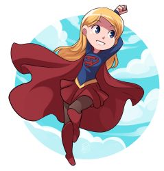 Rule 34 | 1girl, arms up, bad id, bad tumblr id, blonde hair, blue eyes, boots, cape, cloud, dc comics, full body, knee boots, kryptonian, long hair, mary cagle, pantyhose, red cape, red footwear, red skirt, signature, skirt, smile, solo, stretching, supergirl, superhero costume, superman (series)