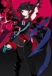 Rule 34 | 1girl, asymmetrical wings, black dress, black hair, black thighhighs, bow, bowtie, closed mouth, dress, feet out of frame, hand up, highres, houjuu nue, idkuroi, looking at viewer, medium hair, red bow, red bowtie, red eyes, short dress, smile, solo, thighhighs, touhou, wings