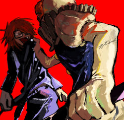 2boys clothes_grab clown collar_grab cowboy_shot eihrdgyybnq6aiw glasses highres long_sleeves male_focus multiple_boys neckwear_grab orange_hair puffy_sleeves randal&#039;s_friends randal_ivory red_background sebastian_de_tomato_smith_chicken_legs short_hair simple_background