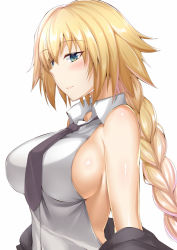 Rule 34 | 1girl, alternate eye color, backless outfit, bare shoulders, blonde hair, blue eyes, blush, braid, breasts, fate/apocrypha, fate (series), halterneck, jacket, jeanne d&#039;arc (fate), jeanne d&#039;arc (girl from orleans) (fate), jeanne d&#039;arc (ruler) (fate), large breasts, lips, long hair, necktie, off shoulder, removing jacket, saintshiro, shirt, sideboob, simple background, single braid, smile, solo, upper body, white background, white shirt, wing collar