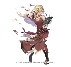 Rule 34 | 1girl, bare shoulders, belt, black belt, black footwear, black pantyhose, blonde hair, book, boots, brown dress, citrinne (fire emblem), commentary request, dress, fire emblem, fire emblem engage, fire emblem heroes, full body, holding, holding book, jewelry, ne-on, neck ring, nintendo, official art, one eye closed, pantyhose, red eyes, short hair, short sleeves, simple background, sleeveless, sleeveless dress, solo, standing, torn clothes, torn dress, white background, wing hair ornament