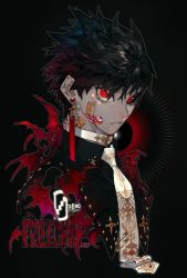 Rule 34 | 1boy, bandaid, bandaid on cheek, bandaid on face, black background, black hair, black sclera, black shirt, closed mouth, collared shirt, colored sclera, earrings, fang, highres, jewelry, looking at viewer, male focus, mismatched sclera, necktie, original, pigeon666, red eyes, ringed eyes, shirt, short hair, solo, upper body, white necktie, wide-eyed, wing collar