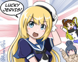 Rule 34 | 3girls, admiral paru, blonde hair, blue eyes, blue sailor collar, character name, crossover, dress, emphasis lines, female admiral (kancolle), gloves, hat, jervis (kancolle), kantai collection, little girl admiral (kancolle), long hair, looking at viewer, multiple girls, sailor collar, sailor dress, shima rin, short sleeves, solo focus, touyama nao, twitter username, union jack, upper body, voice actor connection, white gloves, white hat, yurucamp
