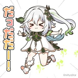 Rule 34 | &gt; &lt;, 1girl, :3, blush, chibi, closed eyes, closed mouth, commentary request, dress, emphasis lines, facing viewer, full body, genshin impact, green hair, grey hair, hair between eyes, mitya, multicolored hair, nahida (genshin impact), no shoes, pointy ears, side ponytail, simple background, sleeveless, sleeveless dress, socks, soles, solo, stirrup legwear, toeless legwear, translation request, twitter username, two-tone hair, white background, white dress, white socks