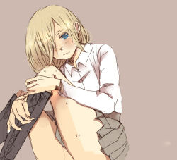 Rule 34 | 1boy, armin arlert, blonde hair, blouse, blue eyes, blush, boots, collared shirt, colored eyelashes, cosplay, cross-laced footwear, crossdressing, emaru, grey background, hair over one eye, historia reiss (cosplay), hugging own legs, krista lenz, lace-up boots, looking at viewer, male focus, miniskirt, pleated skirt, purple background, shingeki no kyojin, shirt, simple background, sitting, skirt, solo, sweat, thighs, trap, white shirt