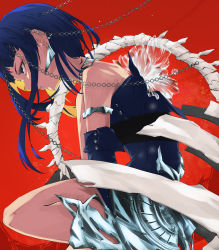 Rule 34 | 1girl, absurdres, bare shoulders, blue hair, bone, chain, daichi, eyeshadow, from side, highres, looking at viewer, makeup, original, red background, simple background, solo, spine