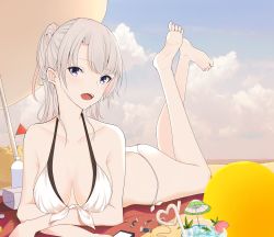 Rule 34 | 1girl, azur lane, bad id, bad pixiv id, bikini, blue eyes, breasts, collarbone, enterprise (azur lane), highres, long hair, looking at viewer, lying, medium breasts, nue0, on stomach, open mouth, original, silver hair, simple background, solo, swimsuit