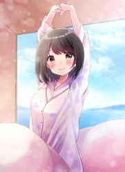 Rule 34 | 1girl, arms up, bad id, bad pixiv id, blue sky, blush, brown eyes, brown hair, closed mouth, cloud, collarbone, collared shirt, commentary request, day, dress shirt, highres, indoors, long sleeves, looking at viewer, minami saki, original, pajamas, pillow, print pajamas, print shirt, purple pajamas, purple shirt, shirt, sitting, sky, smile, solo, star (symbol), star print, stretching, waking up, water