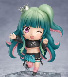 Rule 34 | 1girl, absurdres, asymmetrical legwear, black shirt, blouse, blunt bangs, blush, breasts, character request, chibi, commission, crop top, faux figurine, gradient hair, green hair, highres, indie virtual youtuber, kneehighs, long hair, long sleeves, medium breasts, multicolored hair, navel, nendoroid, one eye closed, open mouth, photo (object), pink eyes, pink socks, second-party source, shiori2525, shirt, single kneehigh, single sock, single thighhigh, smile, socks, solo, tentacle hair, thighhighs, underboob, virtual youtuber