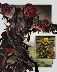 Rule 34 | 1boy, 4indroid, belt, black hair, black pants, black vest, blood, blood on clothes, blood on face, collared shirt, flower, gauntlets, highres, id card, limbus company, meursault (project moon), necktie, pants, plant, project moon, red flower, red necktie, rose, screenshot inset, shirt, sign of roses, solo, thorns, vest, vines, white shirt, yellow flower