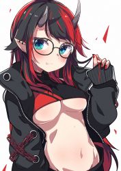 Rule 34 | 1girl, absurdres, bespectacled, black-framed eyewear, black hair, black jacket, black shirt, blue eyes, blush, breasts, closed mouth, commentary request, crop top, ear piercing, fang, fang out, glasses, green eyes, grey background, hand up, highres, horns, jacket, long hair, long sleeves, looking at viewer, medium breasts, multicolored hair, nail polish, nanashi inc., navel, okota mikan, open clothes, open jacket, piercing, pointy ears, puffy long sleeves, puffy sleeves, red hair, red nails, ryugasaki rene, ryugasaki rene (1st costume), shirt, simple background, sleeves past wrists, solo, streaked hair, sugar lyric, underboob, upper body, very long hair, virtual youtuber