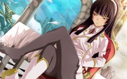 Rule 34 | angry, black hair, blunt bangs, boots, unworn boots, crossed legs, embarrassed, fairy tail, feet, fish, headband, highres, kagura mikazuchi, katana, looking away, looking to the side, pantyhose, sitting, sitting on object, sword, teapot, weapon, yellow eyes