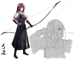 Rule 34 | 1girl, archery, bow (weapon), fingerless gloves, full body, gloves, hair ornament, heibaise jiangshi, highres, hime cut, holding, japanese clothes, kyuudou, light smile, long hair, looking at viewer, multiple persona, original, pink eyes, purple hair, smile, straight hair, weapon