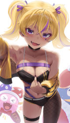 Rule 34 | &gt; &lt;, 1girl, absurdres, armpits, black choker, black pantyhose, blonde hair, borrowed character, breasts, choker, cleavage, clothes pull, collarbone, commentary request, facial tattoo, fishnet pantyhose, fishnets, gyaru, heart, heart tattoo, highres, kogal, looking at viewer, medium breasts, mole, mole under eye, multicolored hair, navel, open mouth, original, padoruu, pantyhose, pulled by self, purple eyes, purple hair, selfie, short hair, simple background, single leg pantyhose, smile, solo, sweat, tattoo, teeth, thigh strap, thighs, twintails, two-tone hair, white background