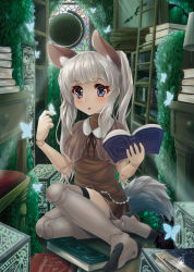 Rule 34 | 1girl, animal ears, blue eyes, book, bookshelf, brown shirt, brown skirt, bug, butterfly, clock, doll joints, fantasy, globe, grandfather clock, highres, hyouta (nekogamirin c), hyouta (yoneya), bug, joints, ladder, long hair, open book, open mouth, original, shirt, silver hair, skirt, solo, stained glass, tail, thighhighs, twintails