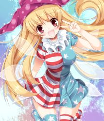 Rule 34 | 1girl, :d, blonde hair, breasts, clownpiece, fairy wings, female focus, hat, highres, jester cap, large breasts, long hair, open mouth, print thighhighs, red eyes, smile, solo, stigma1101, striped clothes, striped thighhighs, thighhighs, touhou, v over eye, wings