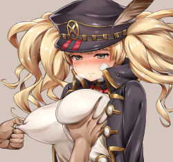 Rule 34 | 10s, 1girl, bandaid, bandaid on face, blonde hair, blush, breasts, breath, coat, covered erect nipples, embarrassed, feathers, grabbing, grabbing another&#039;s breast, granblue fantasy, grey eyes, hat, heavy breathing, large breasts, monica (granblue fantasy), nipple pull, nipple stimulation, nipple tweak, peaked cap, simple background, solo focus, sweat, sweatdrop, ten piboshi, twintails, upper body