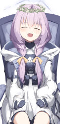 Rule 34 | 1girl, atsuko (blue archive), black gloves, blue archive, blush, braid, chair, closed eyes, dress, gloves, grey halo, hair between eyes, halo, highres, hood, hood down, hooded jacket, jacket, long hair, long sleeves, morishin546, open mouth, purple hair, simple background, sitting, smile, solo, twin braids, white background, white dress, white jacket