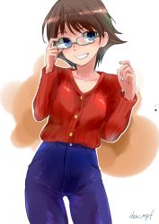 Rule 34 | 1girl, bespectacled, blue pants, brown hair, collarbone, commentary request, cowboy shot, denim, flipped hair, glasses, grey eyes, grin, hiei (kancolle), highres, jeans, kantai collection, kote (dew), looking at viewer, one-hour drawing challenge, pants, red shirt, shirt, short hair, smile, solo, standing, twitter username, white background