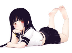 Rule 34 | 1girl, bare legs, barefoot, black hair, black skirt, blunt bangs, blush, closed mouth, commentary request, enma ai, feet, full body, jigoku shoujo, kozue akari, long hair, looking at viewer, lying, on stomach, pleated skirt, red eyes, school uniform, serafuku, shadow, shirt, short sleeves, simple background, skirt, soles, solo, the pose, toes, white background, white shirt