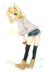 Rule 34 | 1girl, aqua eyes, bad id, bad pixiv id, blonde hair, boots, casual, female focus, full body, hair ornament, hair ribbon, hairclip, kagamine rin, looking back, mikipa, open mouth, ribbon, short hair, smile, solo, thighhighs, vocaloid, white background