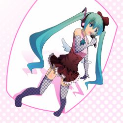 Rule 34 | 1girl, aqua eyes, aqua hair, bad id, bad pixiv id, checkered clothes, checkered legwear, dress, elbow gloves, garter straps, gloves, hat, hatsune miku, long hair, microphone, patterned legwear, sigetch, solo, thighhighs, top hat, twintails, very long hair, vocaloid, wings
